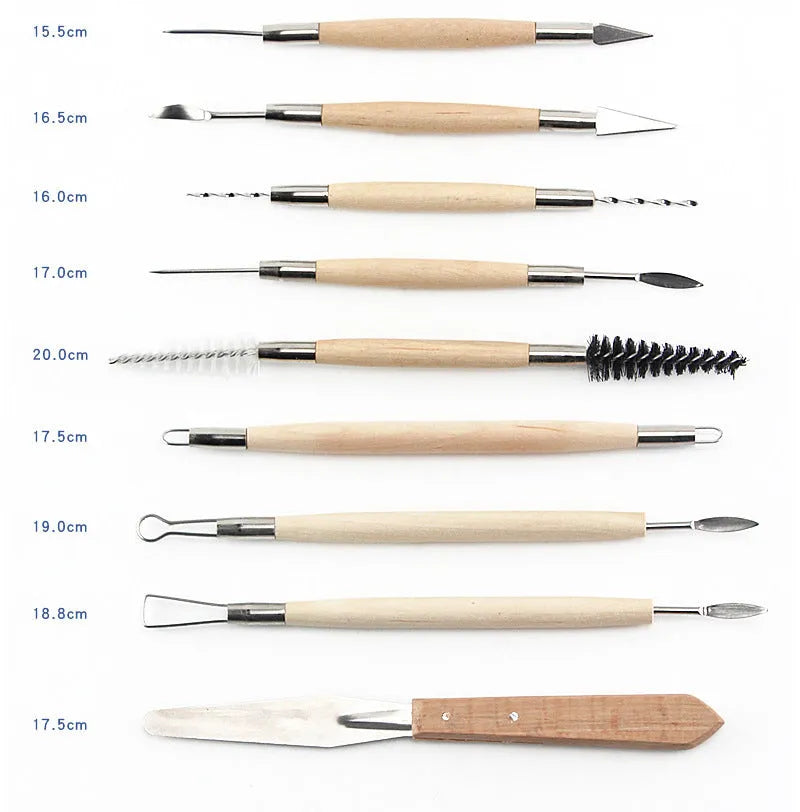 Brown 27-piece pottery tool set with stainless steel, wood, and plastic tools for clay sculpting