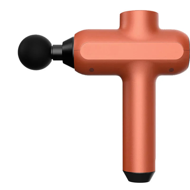 Black electric muscle massager with six removable heads showing five-speed control button