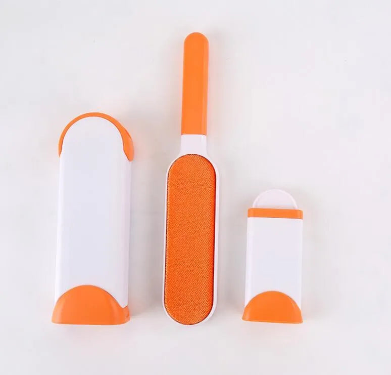 Blue reusable pet hair removal comb with double-sided lint brush and self-cleaning base