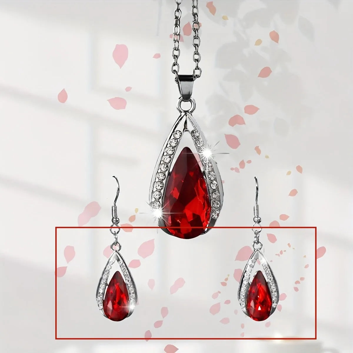 Black and red teardrop glass pendant necklace with matching earrings jewellery set