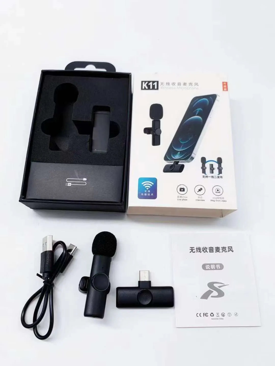 Wireless collar clip microphone for smartphones, showing clip design and available connection options.