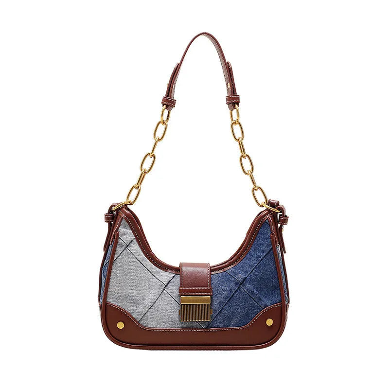 Brown denim women's shoulder bag with chain straps and bucket design showing phone compartment