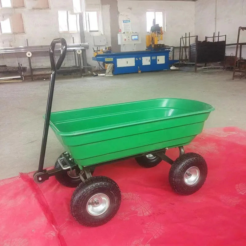Green four-wheel agricultural dump truck with tipping bed, model TC2145, for hauling materials.