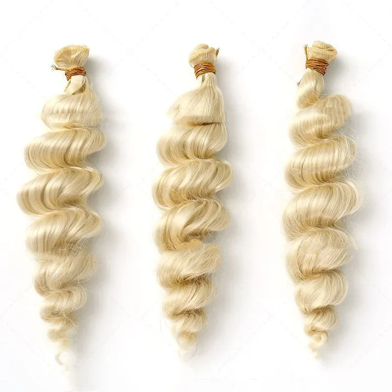 Golden blonde synthetic women's wig shown in three length options
