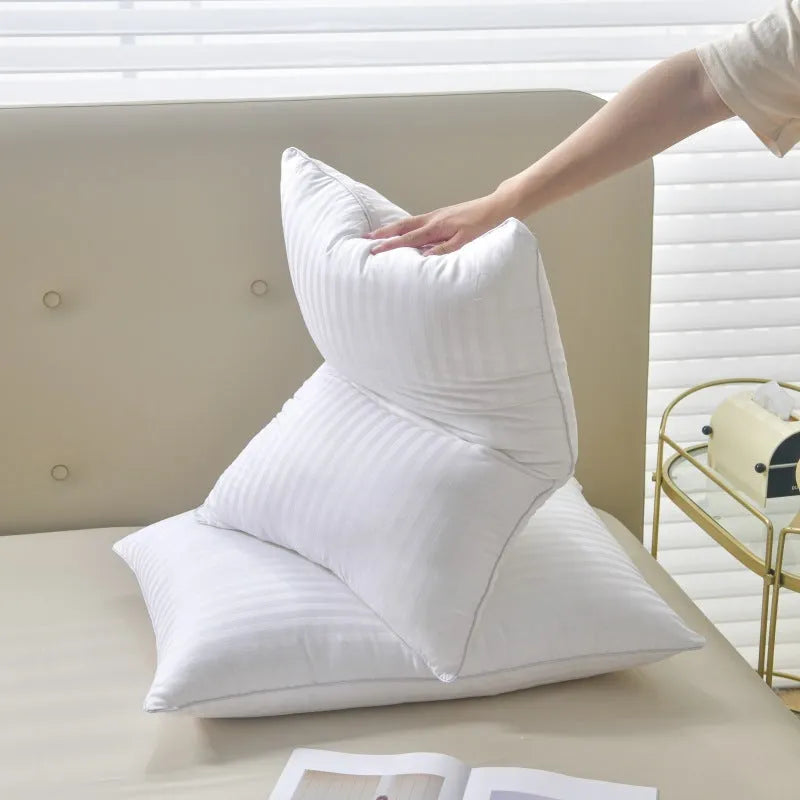 White hotel pillow with satin stripe or plain cotton cover, shown in 45x65cm, 48x74cm, and 50x80cm sizes.