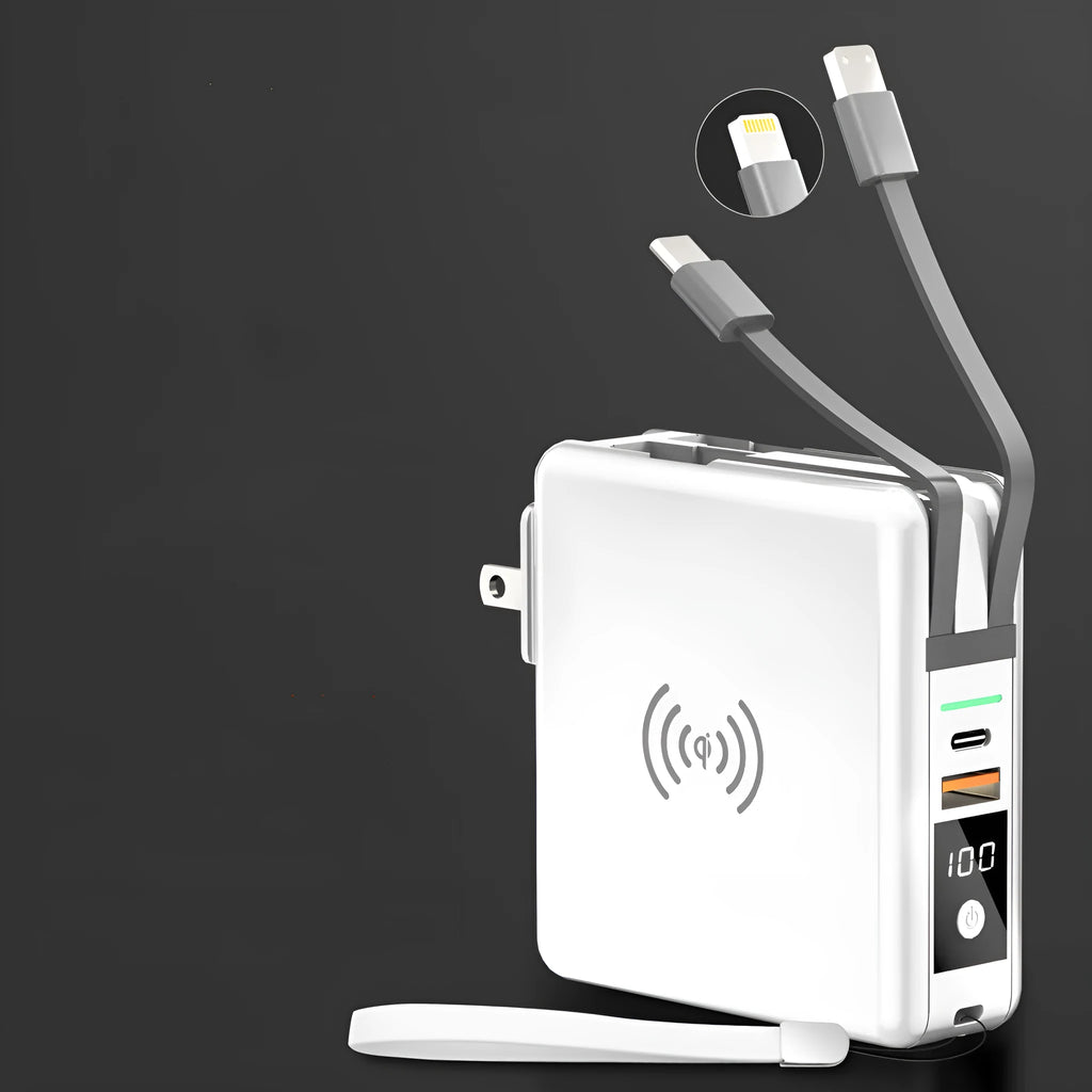 Black and white PD20W fast charging power bank with wireless capability and integrated plug