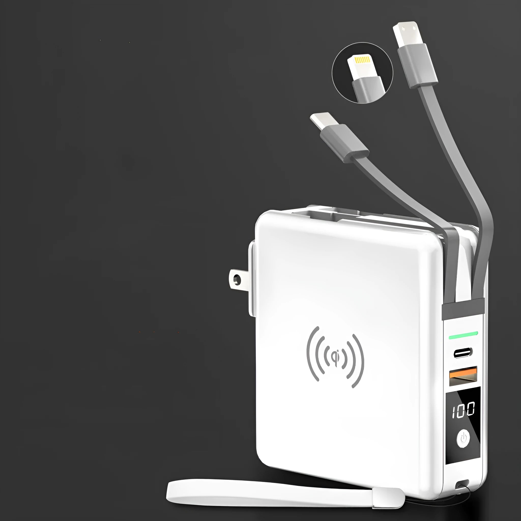 Black and white PD20W fast charging power bank with wireless capability and integrated plug