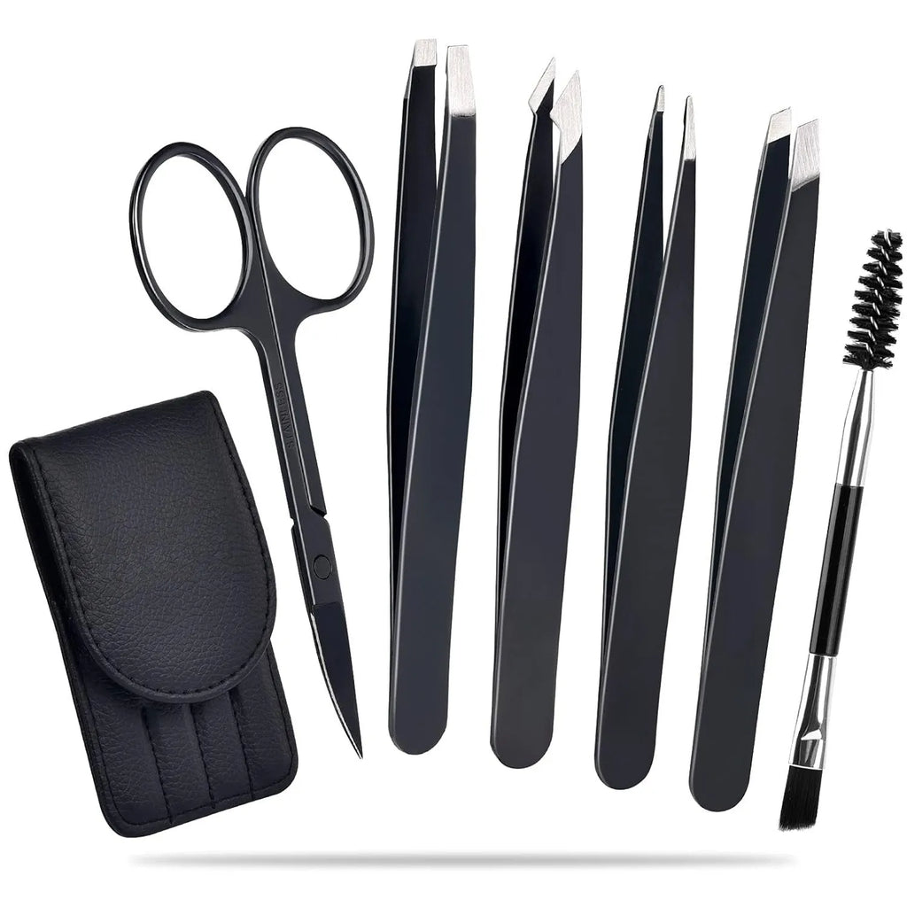 Professional 6-piece stainless steel eyebrow tweezers set with curved scissors and leather case