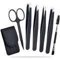 Professional 6-piece stainless steel eyebrow tweezers set with curved scissors and leather case