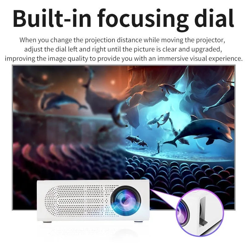 Black and white portable mini projector with wired mobile phone connection and international power plugs