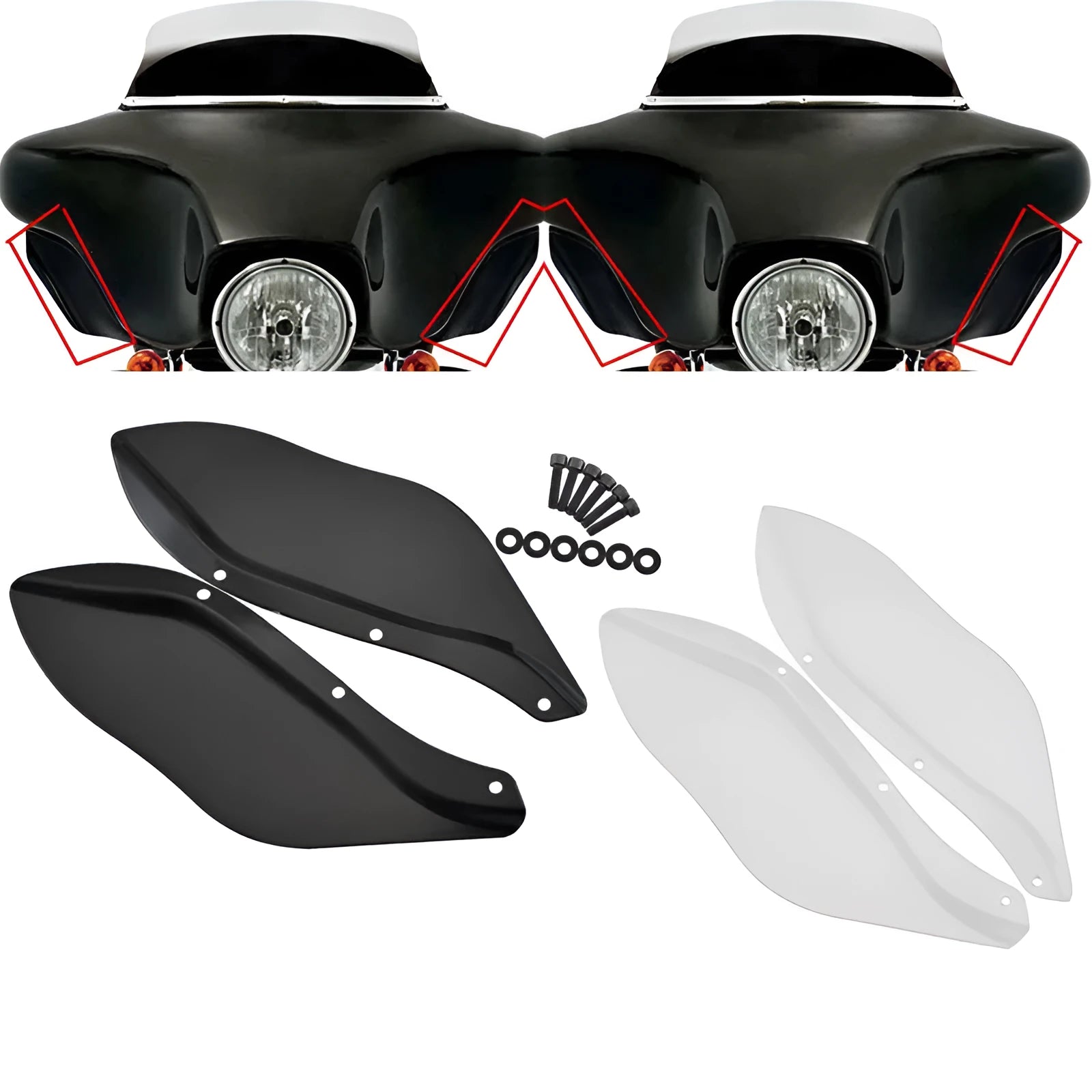 Harley Glide motorcycle side windshield wing head covers in ABS plastic