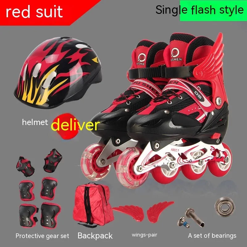 Children's roller skates with PU foam wheels in yellow, red, blue, black or pink, shown with protective helmet and pads.
