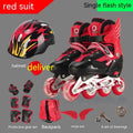 Children's roller skates with PU foam wheels in yellow, red, blue, black or pink, shown with protective helmet and pads.