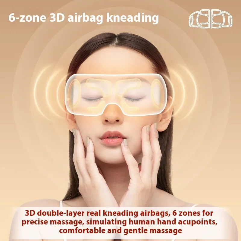 White rechargeable eye massager with hot compress and airbag massage functions for relieving eye fatigue