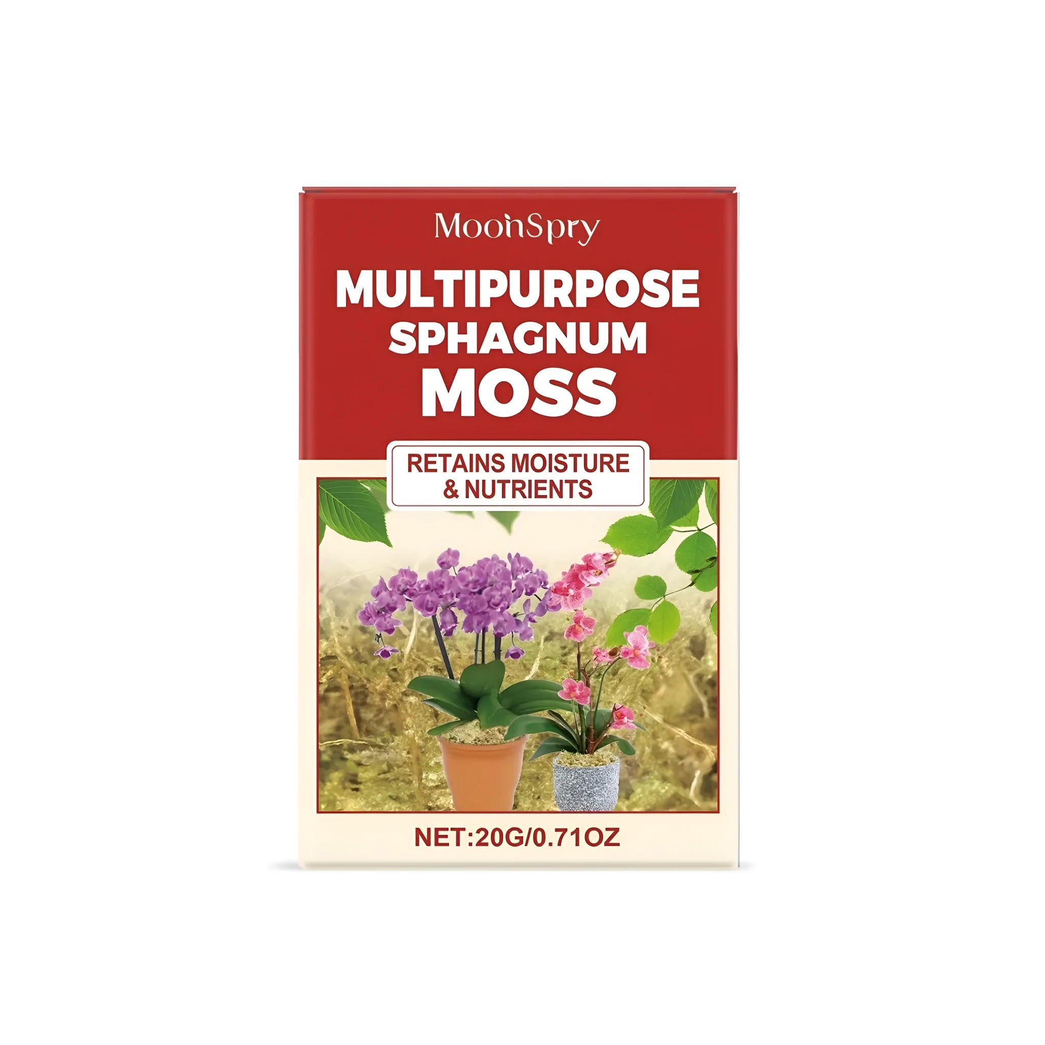 20g pack of natural brown dried sphagnum moss in a sheet form on a white background.
