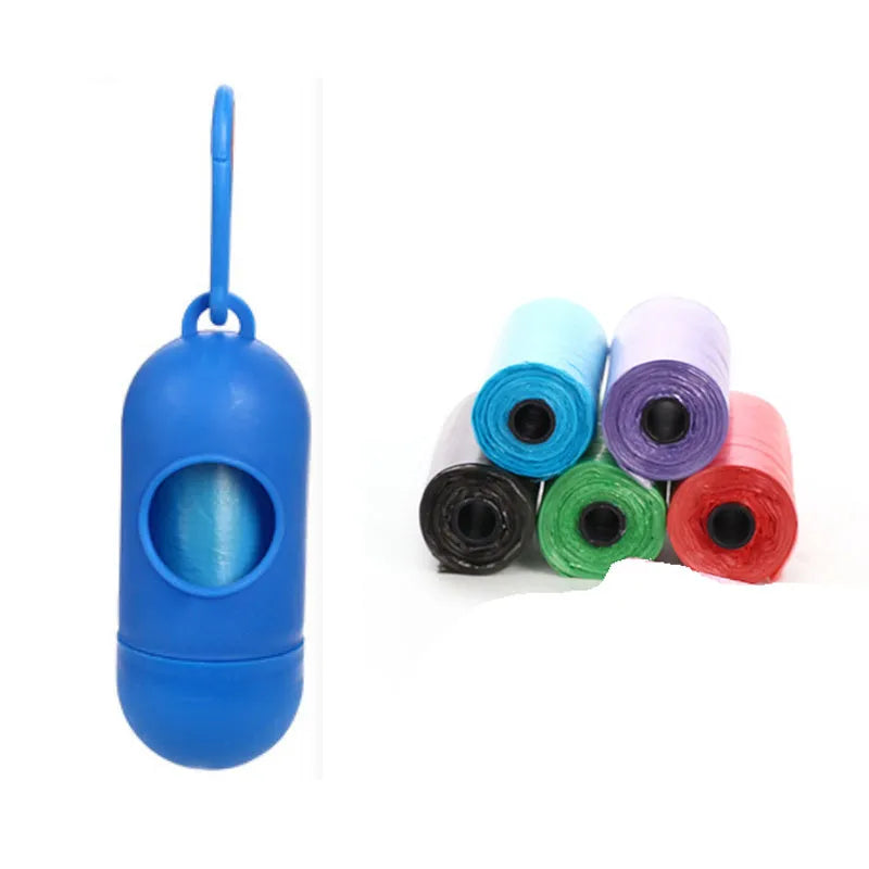 Set of five coloured dog waste poop bags showing black, blue, red, green, pink, and purple options.