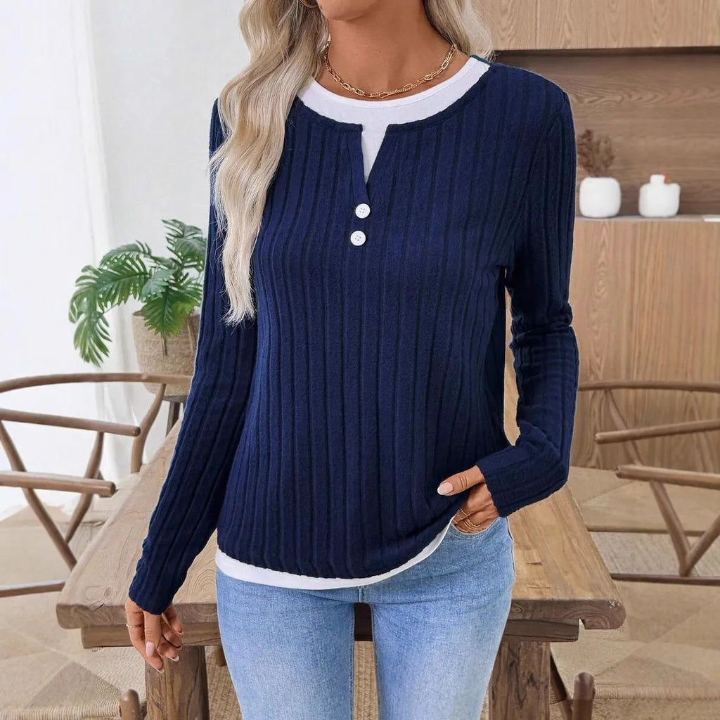 Women's fake two-piece round neck pullover sweater with button details in concave stripe polyester fabric