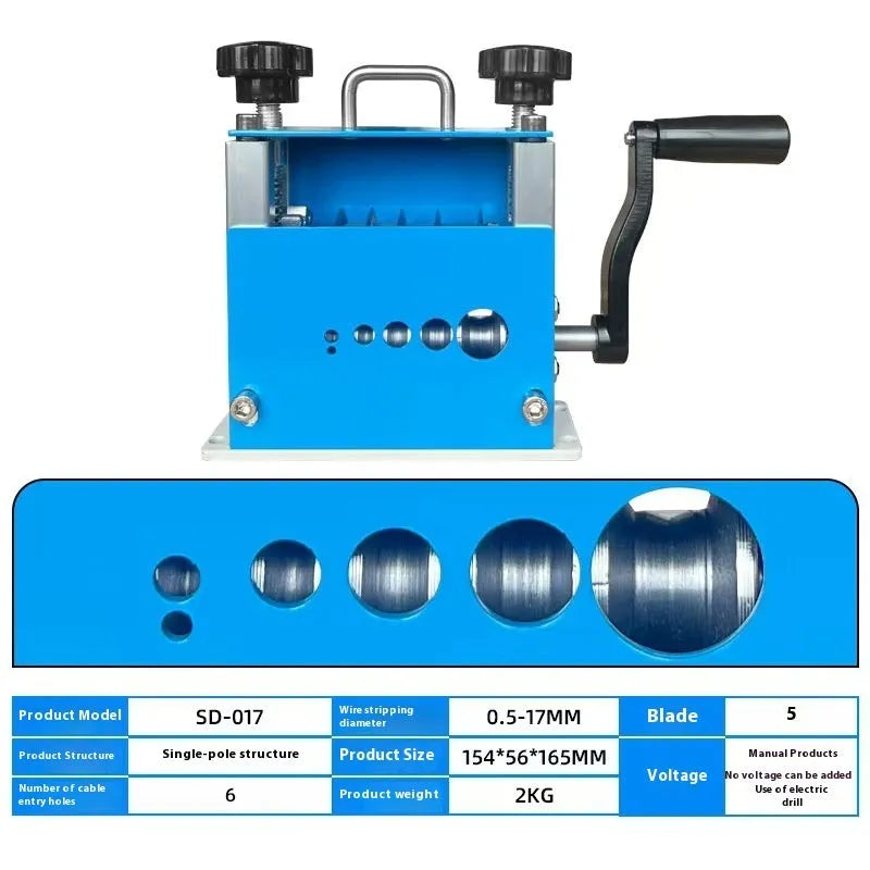 SD-017 manual wire stripping machine showing adjustable mechanism for 0.5-17mm diameter cables