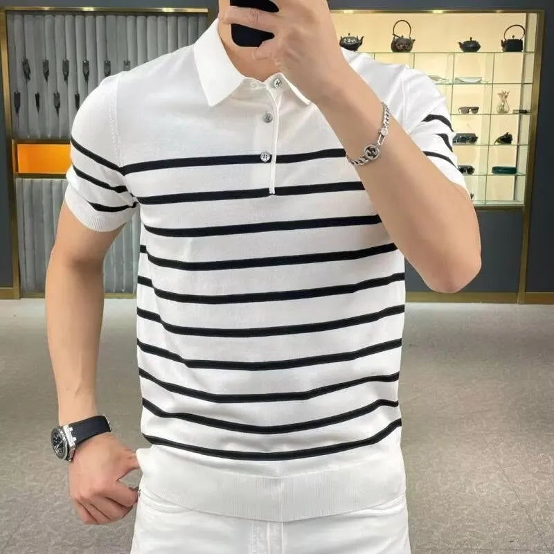 Black and white striped men's knitted T-shirt with a lapel collar, laid flat.
