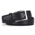 Men's black genuine leather belt with a silver alloy pin buckle shown on a flat surface
