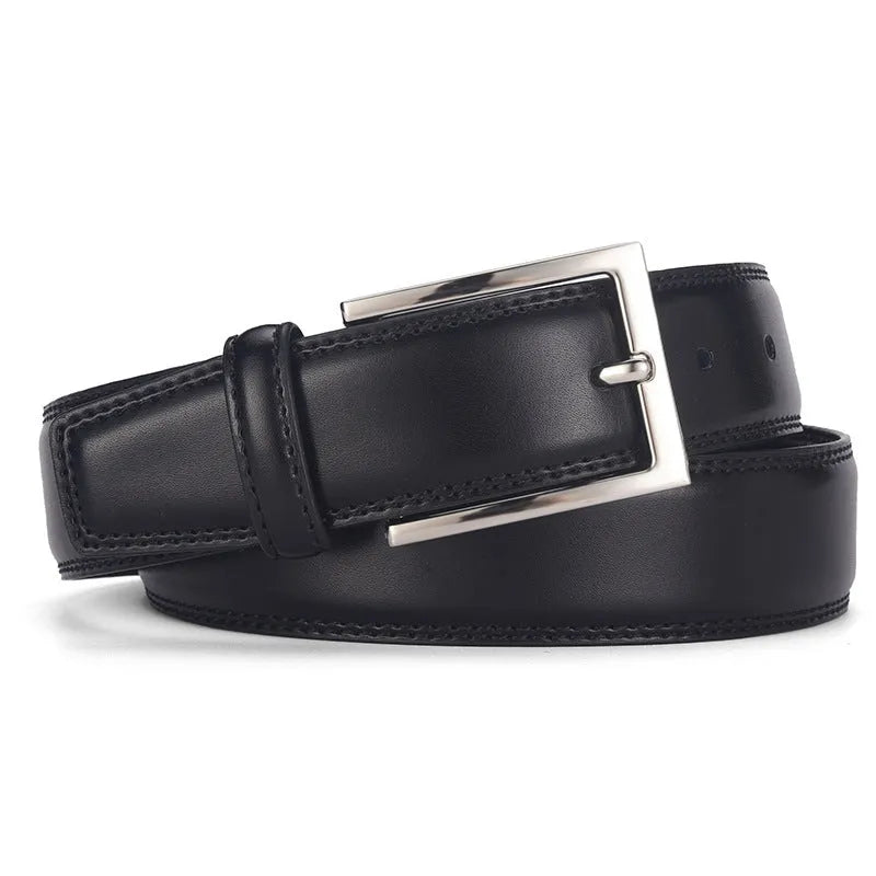 Men's black genuine leather belt with a silver alloy pin buckle shown on a flat surface