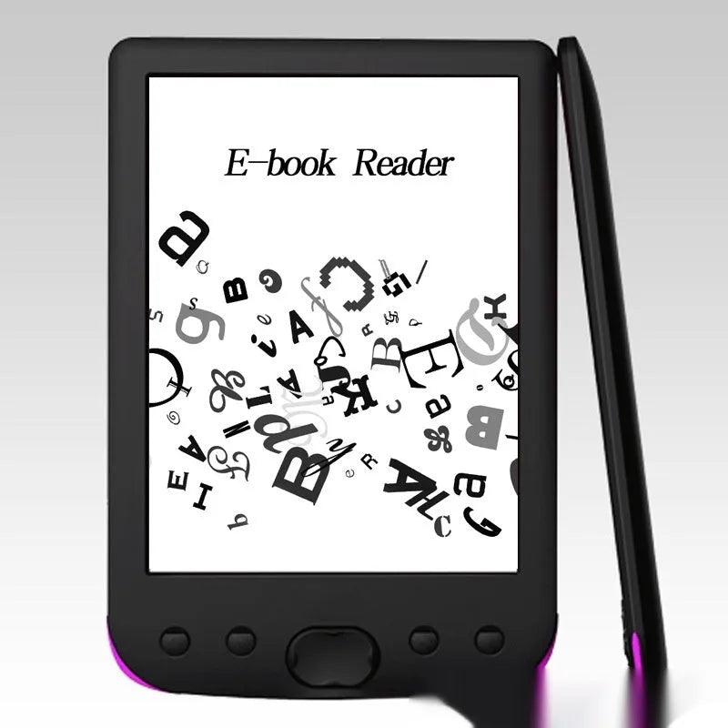 Black 6-inch E-ink e-book reader showing the screen and device from the front.