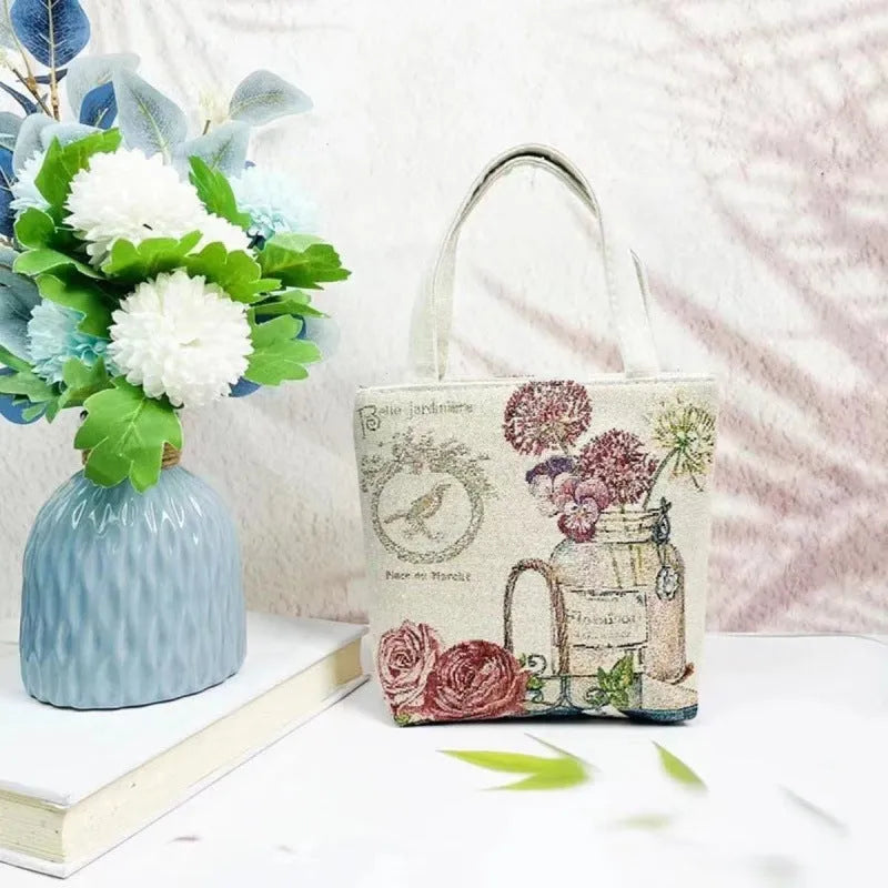 Double-sided gold wire embroidered canvas tote bag with polyester lining in medium size