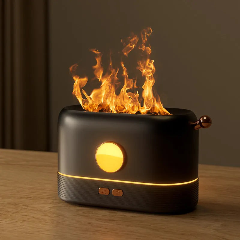 USB desktop humidifier with simulation flame effect and 200ml water tank in black, green or white colours