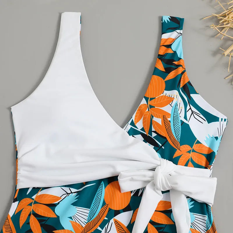 Women's high waist one-piece bikini swimsuit in printed polyester fabric