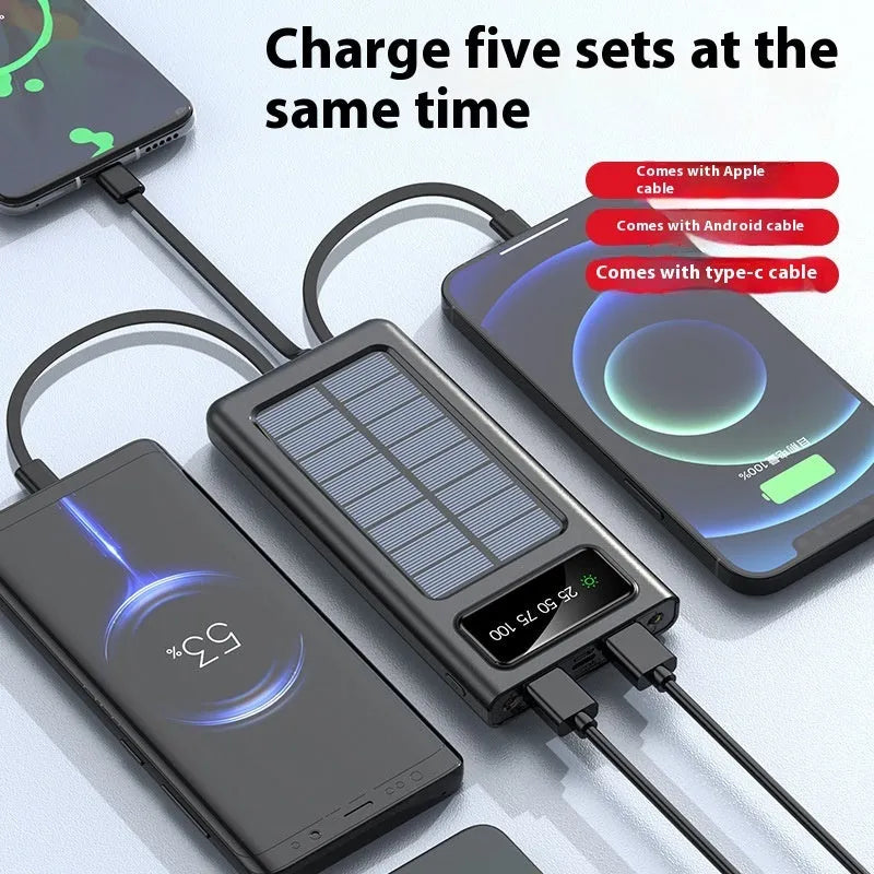Black and white solar power bank with 20000mAh capacity and four-wire cable for mobile phones