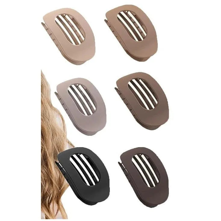 Six nude and rose red plastic hair clips with quadrilateral frosted grip design on white background
