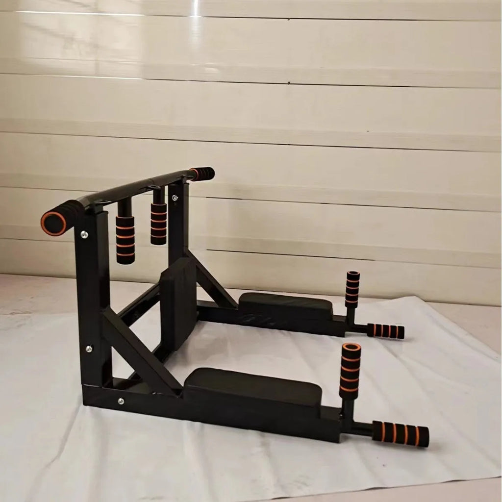 Black steel wall-mounted single parallel bars pull-up rack with integrated sandbag storage