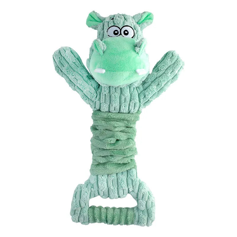 Large plush dog toy with handle, showing Hippo or Monkey design, for squeaky and crinkle interactive play