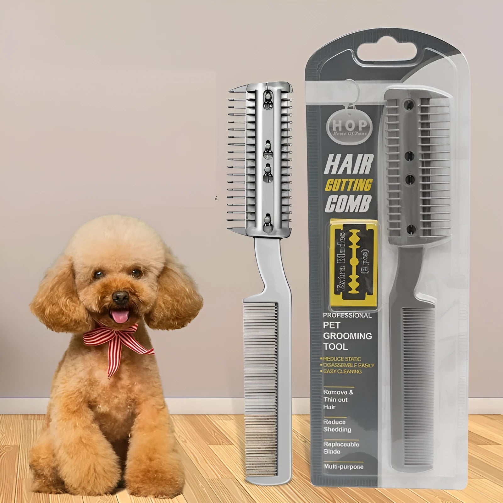 Plastic pet hair cleaning comb with removable stainless steel blade for dogs and cats