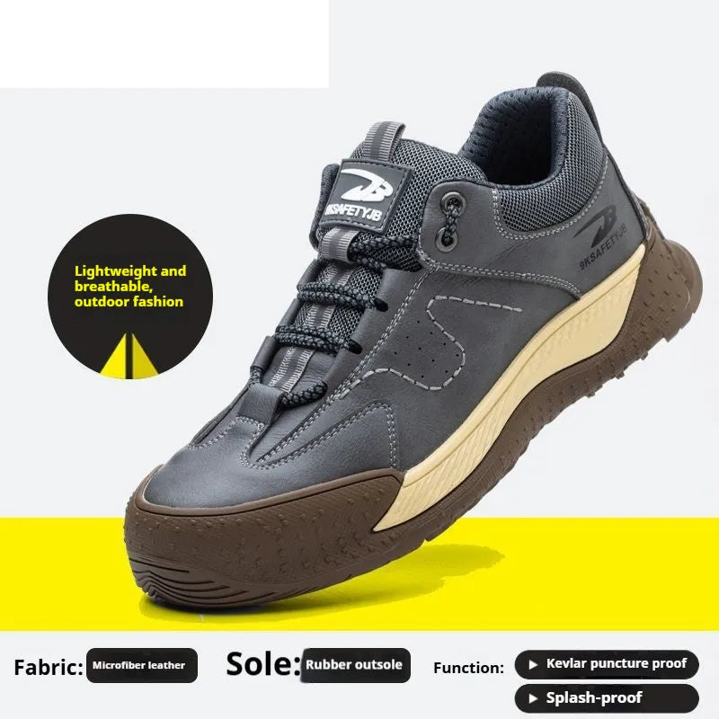 Flyknit safety work shoes with leather upper and rubber sole in multiple colours