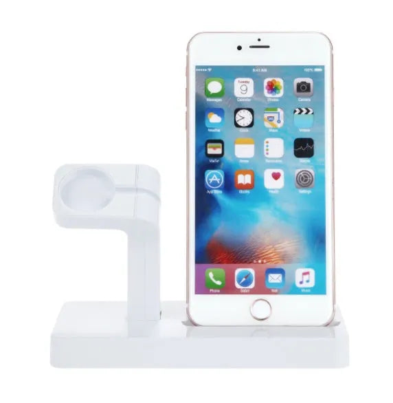 White 2-in-1 charging dock holding an iPhone and Apple Watch with anti-slip silicone pads