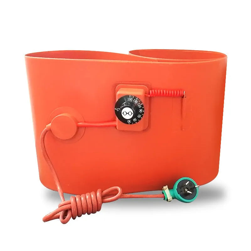 Silicone rubber heating belt wrapped around a 200-litre oil drum with digital control unit.