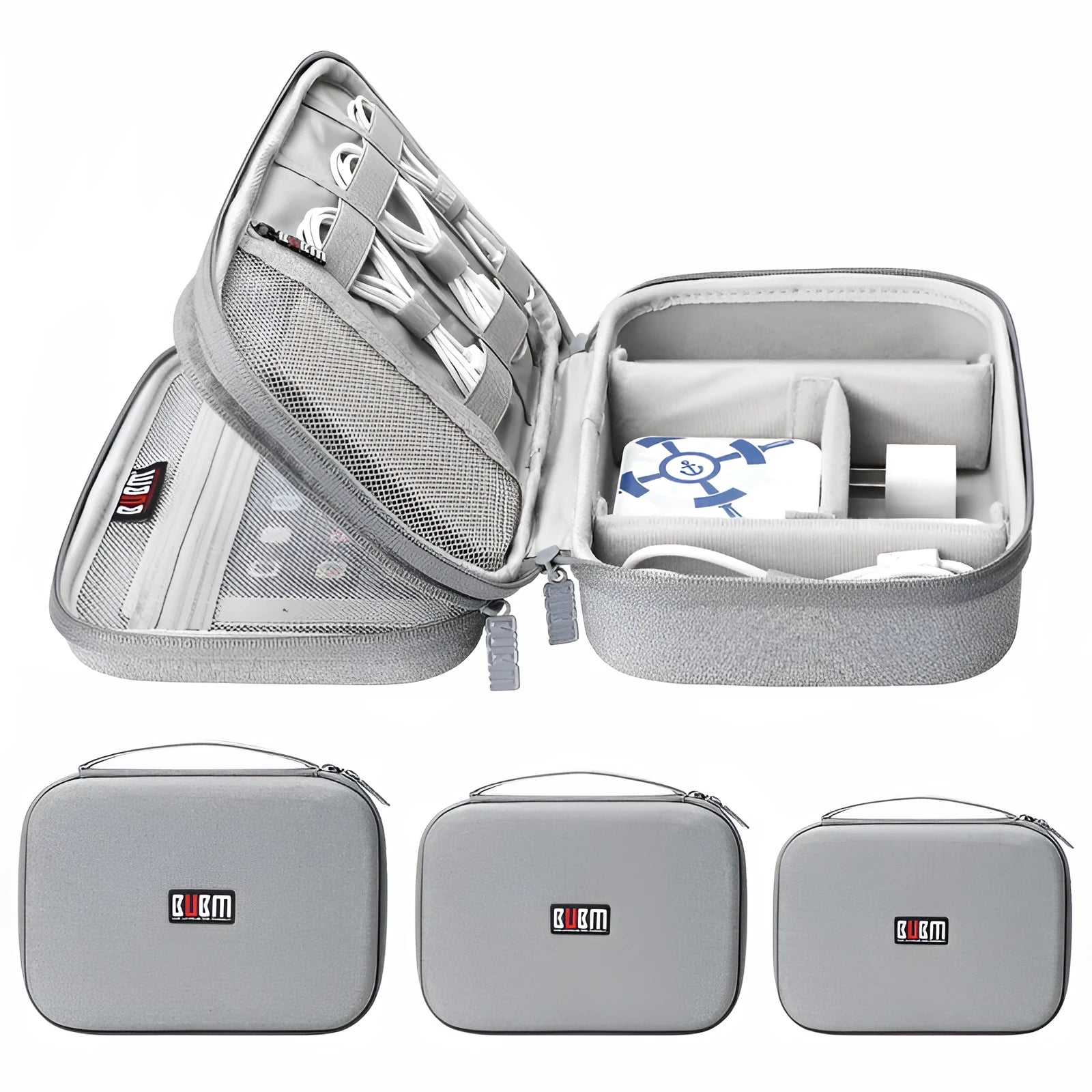 Black EVA digital storage bag for headphones and tech accessories with organisational compartments