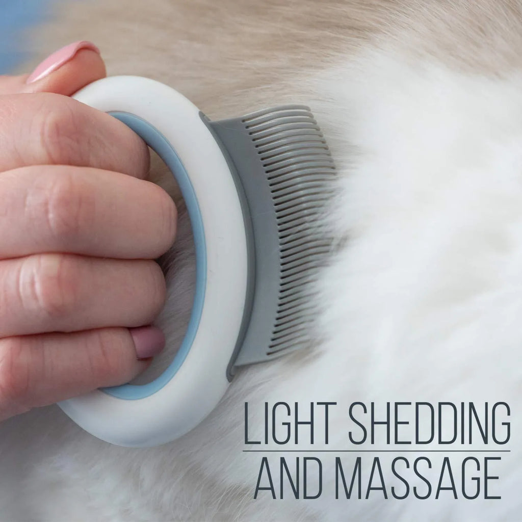 Blue pet grooming comb for deshedding and dematting cat and dog fur with ergonomic handle