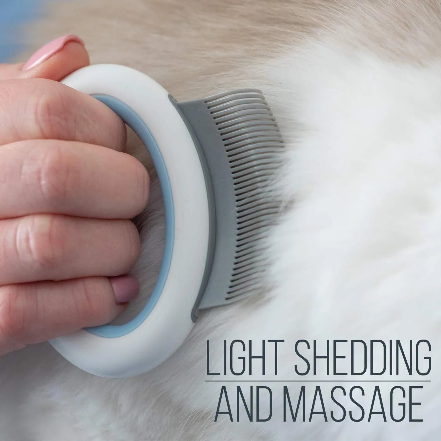 Blue pet grooming comb for deshedding and dematting cat and dog fur with ergonomic handle