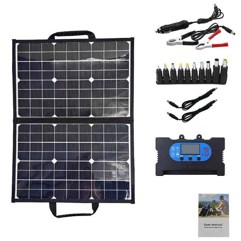 Black 40W portable solar folding panel showing compact folded dimensions for outdoor charging