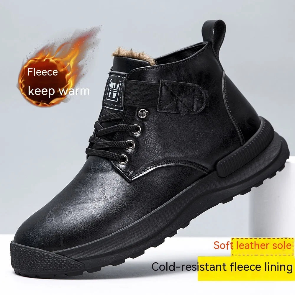 Men's black velvet platform boots with high-top design and rubber sole showing side profile