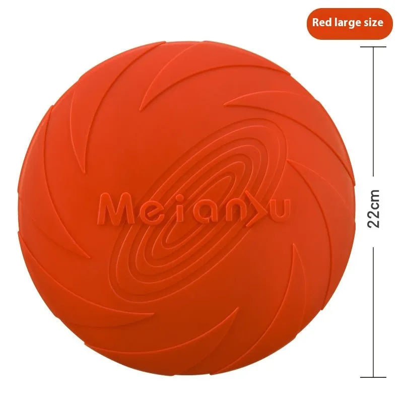 Soft rubber dog frisbee toy for outdoor fetch, shown in three sizes and red, blue, green colour options.