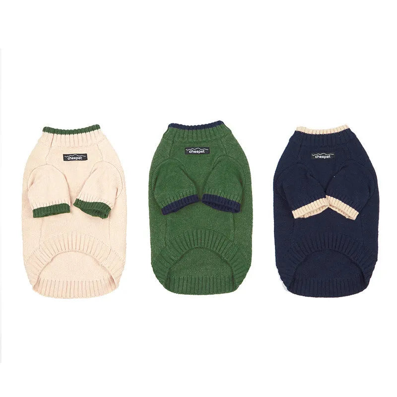 British style wool pet sweater with two-leg design in crown blue colour on a dog