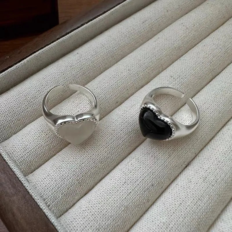 S925 sterling silver adjustable heart agate ring with black stone and open mouth design