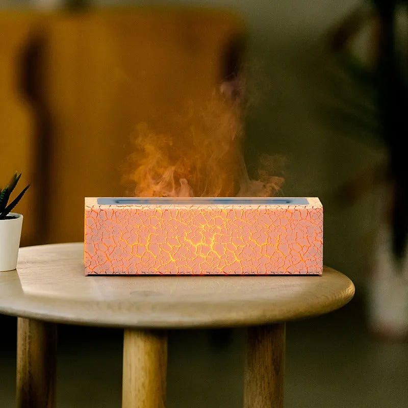 Square black desktop aroma diffuser and humidifier with creative lava flame lighting effect.