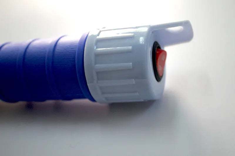 Blue manual hand siphon pump for transferring fuel and oil to small engines.