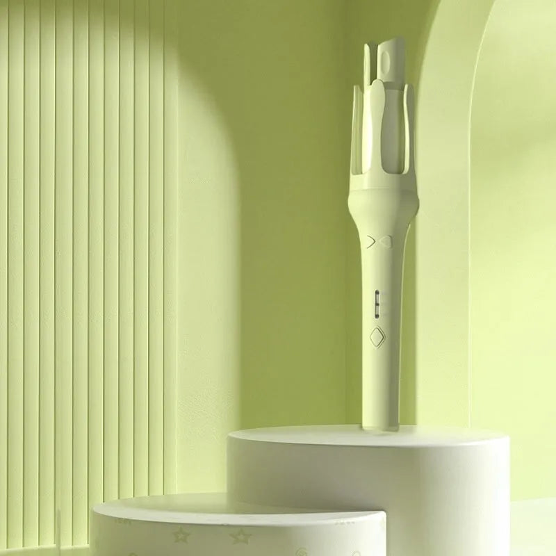 White automatic hair curler with 32mm ceramic barrel and international plug adapters