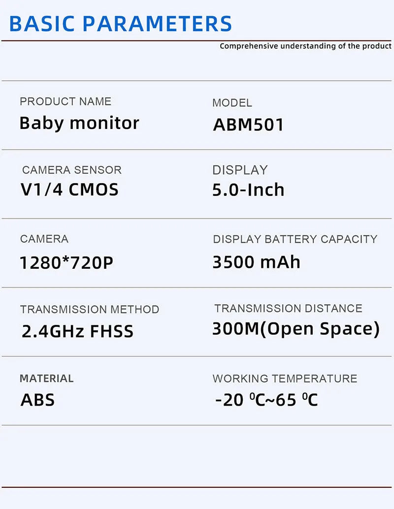 White HD wireless baby monitor with a 5-inch screen on a table.