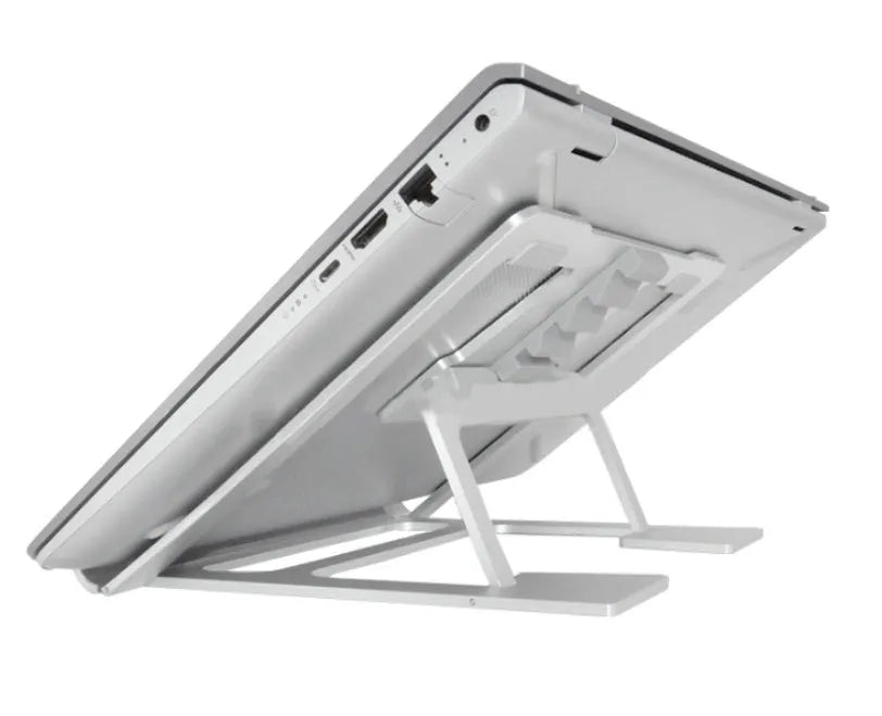Silver aluminium foldable laptop stand with double silicone snaps, measuring 240x230x18mm, on a desk